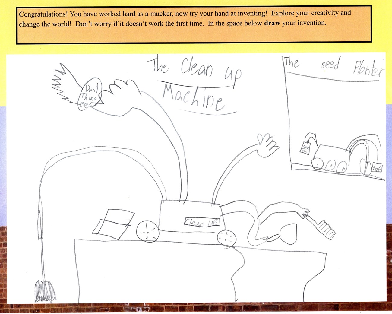 Drawing from the page of the Junior Ranger booklet.  On this page the Junior Ranger is asked to draw an idea for a new invention.  This Junior Ranger chose a  Clean-Up machine for their new invention.