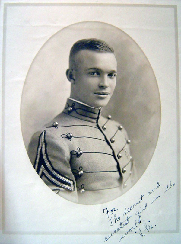 Historic black and white image of Eisenhower in West Point cadet uniform