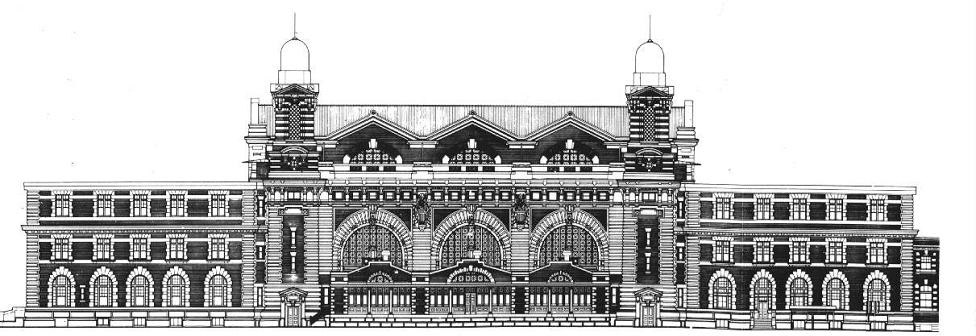 Line Drawing of Ellis Island's Main Building-North Facade
