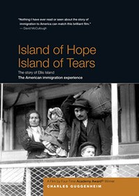 Island of Hope, Island of Tears Poster; includes film details and a photo of an immigrant family during their journey.