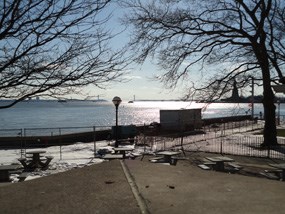 Ellis Island Dock closed with "Diver Down" flag