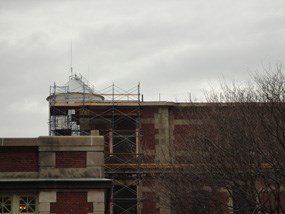 Scaffolding around the Baggage and Dormitory Building roof.