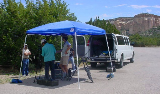 A film crew prepares to shoot a scene at El Malpais.
