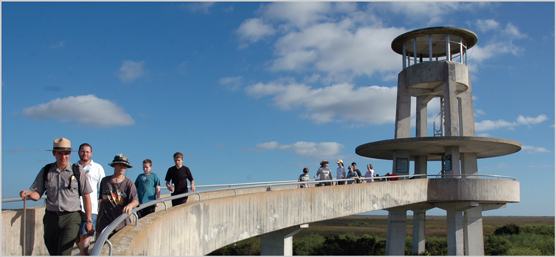 A ranger and school group at the Shark Valley Tower.