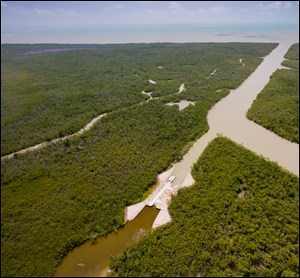 An aerial photo of the east cape canal plug.