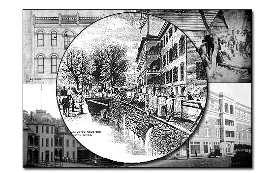 A collage of five black and white images that are used as illustrations in the program. In the center is the 1878 Arlington Hotel, upper left is a portion of the drawing of the Crystal, upper right is a photo of the first Government Free Bathhouse, lower left is the Independent Bathhouse and lower right is the Woodmen of the Union building.