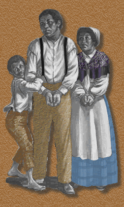 Drawing of a southern Black family, motehr, father and son, looking toward the relative freedom and self-determination offered by the western frontier. Although the look toward the West, they are depicted as still in bonds, the hands of the parents are bound.