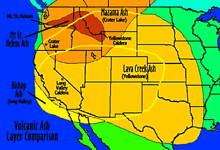 This map of the United States shows the extent of various ash flows