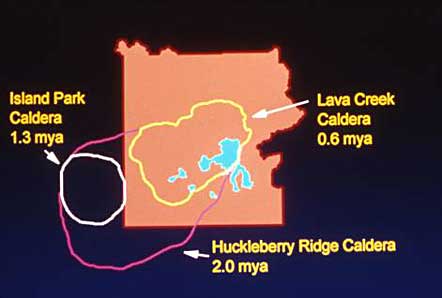 A map of the park shows locations of three caldera-forming eruptions