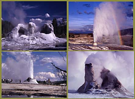 Four images show different kinds of cone formations at geysers' vents.