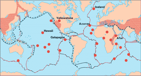 map of Earth's tectonic plates, and volcanic hotspots