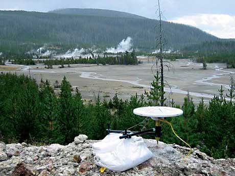 A GPS station gathers data at Norris Geyser Basin