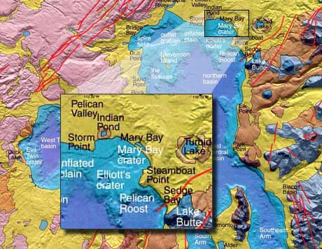 A map shows the location of the Mary Bay crater on the northern shore of Lake Yellowstone