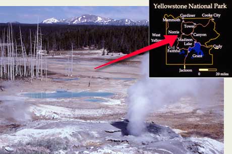 Norris Geyser Basin with an inset map of where it is located within the park