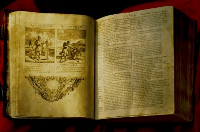 George Washington Bible open to the page upon which George Washington laid his hand during his first inauguration.