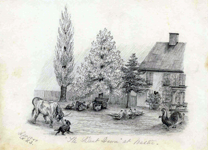 1859 Katherine Floyd Dana sketch of Old Mastic House: "Silent Dawn"