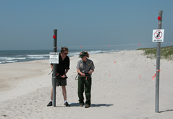Ranger and volunteer install signs and fencing on beach.