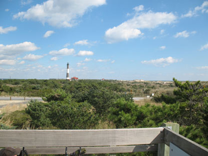 View from wooden platform, lighthouse on the horizon.