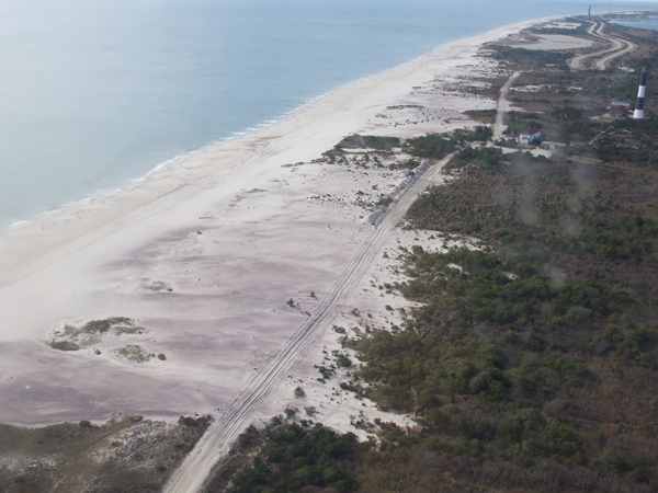 2012-11-05 overflight view of Fire Island Lighthouse, beach, and Burma Road, looking west.