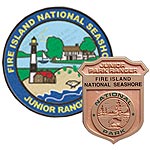 Image of colorful Junior Ranger patch and gold-colored Junior Ranger badge.