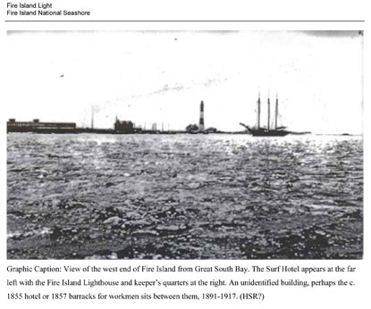 Historic image of Fire Island Lighthouse and Surf Hotel, as seen from the bay.