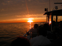 People silhouetted on boat watch golden sun set into rippled water, mirroring the flame-orange sky.