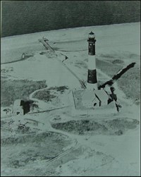 Historic aerial view of Fire Island Light Station and generator building.