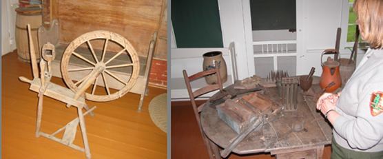 Historic implements and spinning wheel.