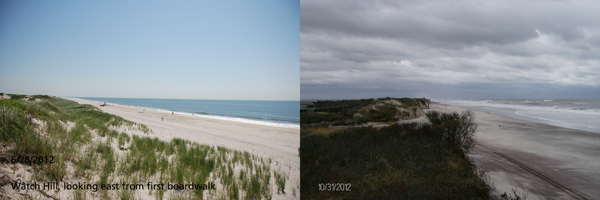 View of Watch Hill beach before and after Hurricane Sandy: 06-28-2012 and 10-31-2012