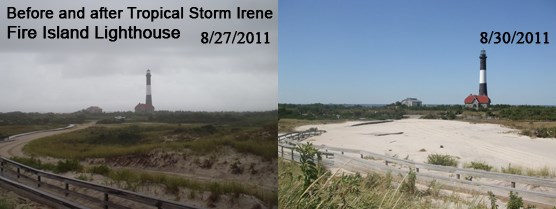 Fire Island Lighthouse before and after Tropical Storm Irene: 8-27-2011 and 8-30-2011