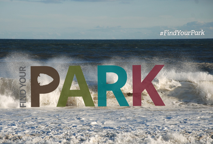 The Find Your Park campaign logo is set against an image of waves crashing.