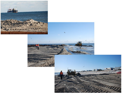 Collage of dredging and sand placement work on beach in front of houses.