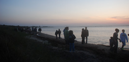 Silhouettes of people lining the bayside beach at sunset.