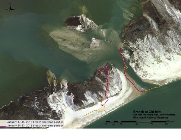 Photo showing position of the breach at Old Inlet on January 25, 2013