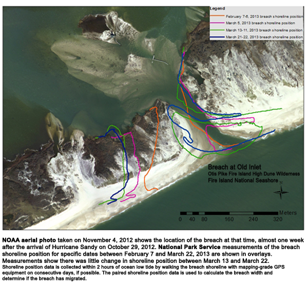 Photo showing position of the breach at Old Inlet Breach on March 22, 2013.