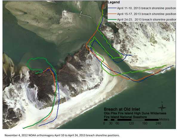 Photo showing position of the breach at Old Inlet on April 24, 2013.