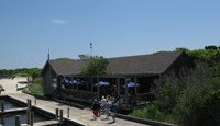 Small group of people walk up to the snack bar and shaded picnic tables.