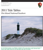 Cover of 2011 Tide Tables booklet, with Fire Island Lighthouse behind the dunes.