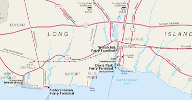 Map of Fire Island National Seashore ferry terminal locations in Sayville and Patchogue.