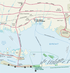 Map showing roadways and bridges to Robert Moses State Park and Fire Island Lighthouse. Map showing roadways and bridges to Robert Moses State Park and Fire Island Lighthouse.