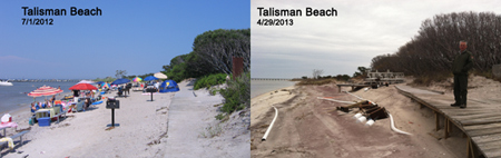 Talisman bayside beach before and after Hurricane Sandy and winter storms