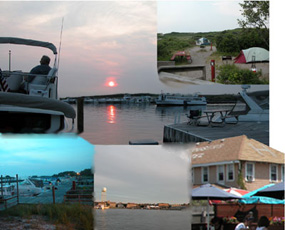 Collage of images showing lodging options of cabin cruiser boat, primitive campsite, and 2-story hotel in community.