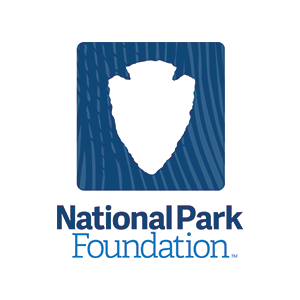 blue logo with a white arrow head text reads National Park Foundation