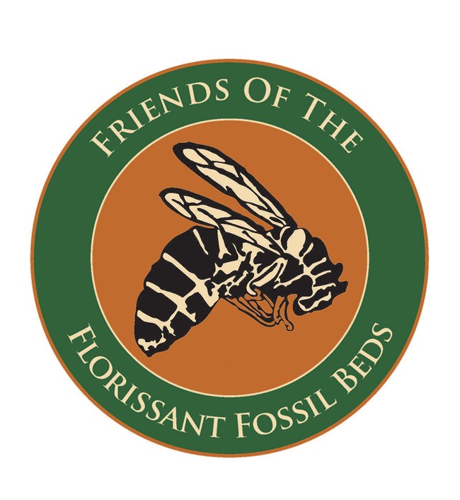 fossil wasp within a circle with text saying Friends of Florissant Fossil Beds