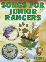Cover artwork of Junior Ranger Album with Text Songs for Junior Rangers, animal tracks, magnifying glass, rocks, map of US