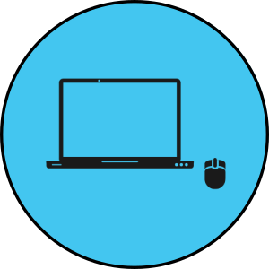 Virtual Icon A computer is shown with a mouse beside it inside of a blue circle.