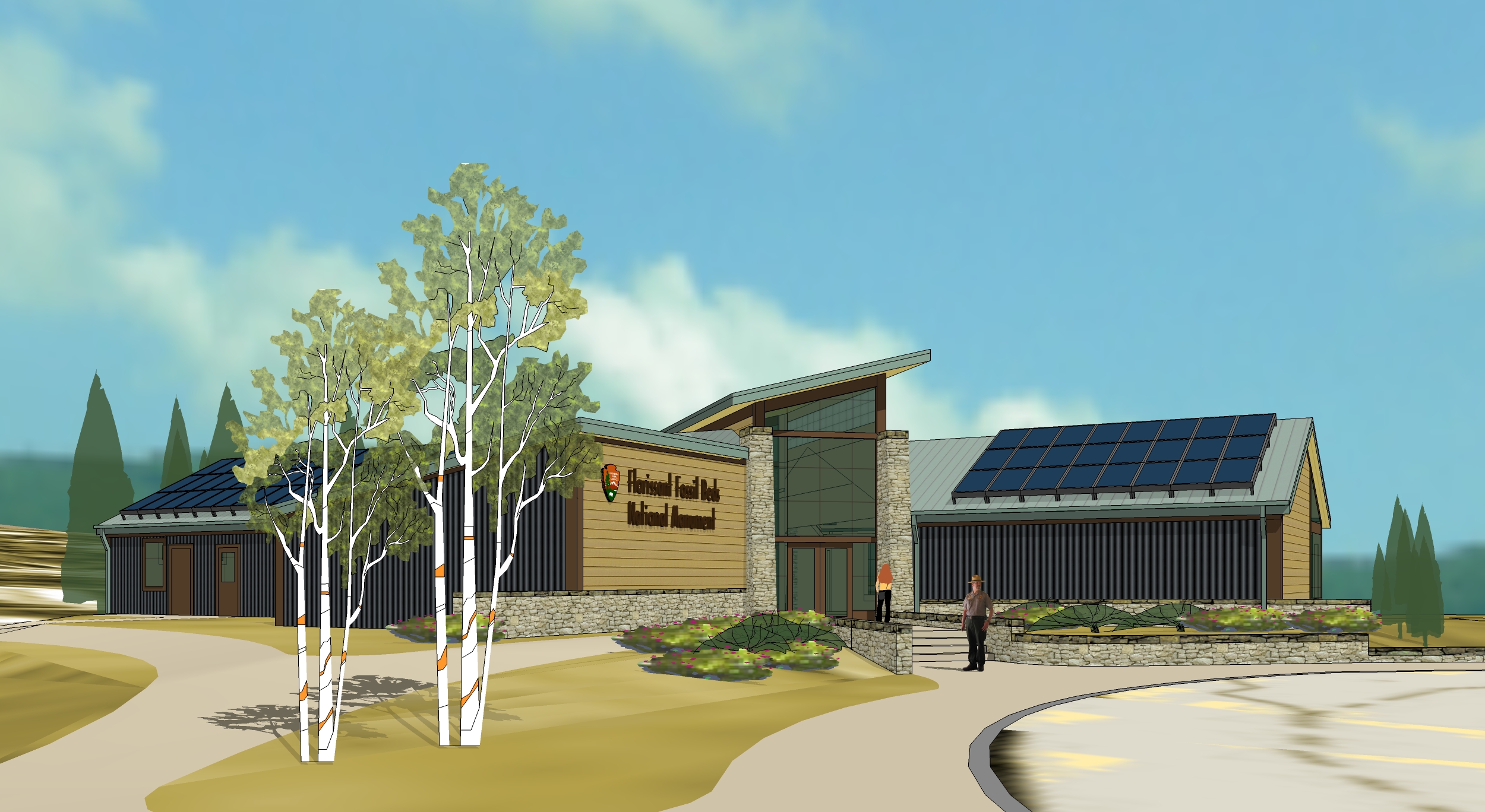 Artist view of visitor center featuring the photovoltaic system on the roof