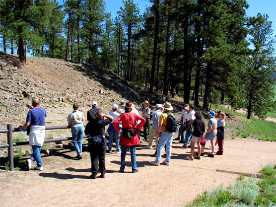 Ranger with visitors looking at an outcrop of weathered, gray sedimentary rocks called shale