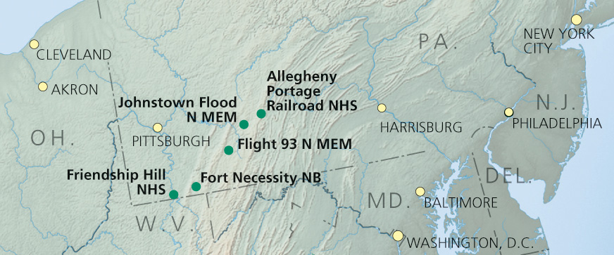 Map showing the five National Parks of Western Pennsylvania