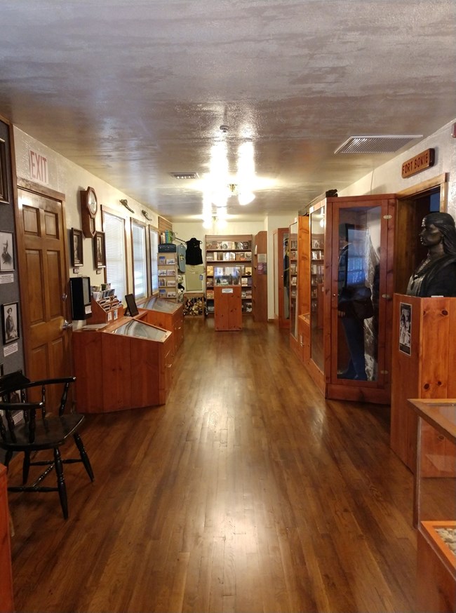 display cases with historic artifacts and exhibits